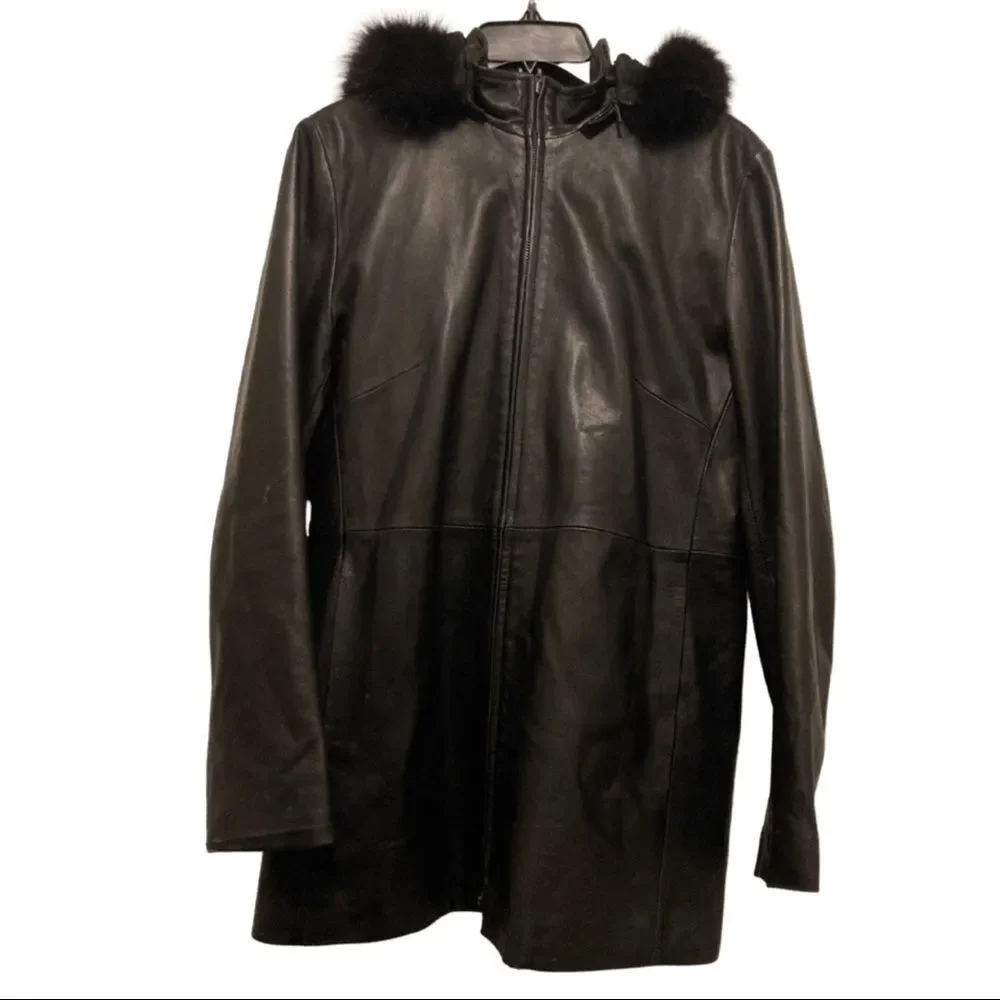 Burberry London Black Leather Bomber with Fur Hood